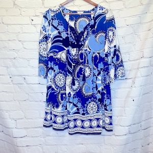 Crown & Ivy Long Bell Sleeve Blue, White, & Black Dress Size Medium